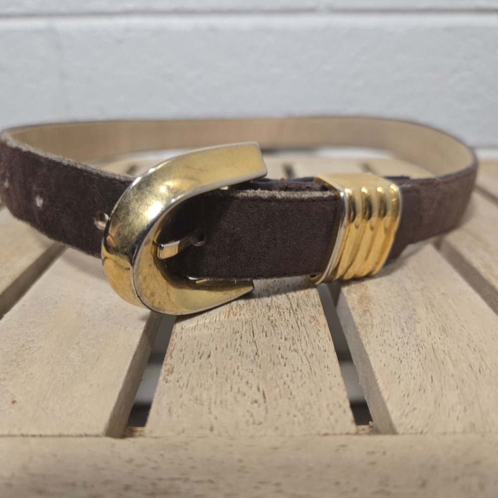 Vtg‎ Suede Leather Belt Small Brown Gold Buckle 80s 90s Cinch Bohemian Office